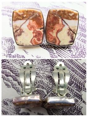 Vintage Rosetta Jasper Sterling Silver Chunky Clip-on Earrings Signed GAC